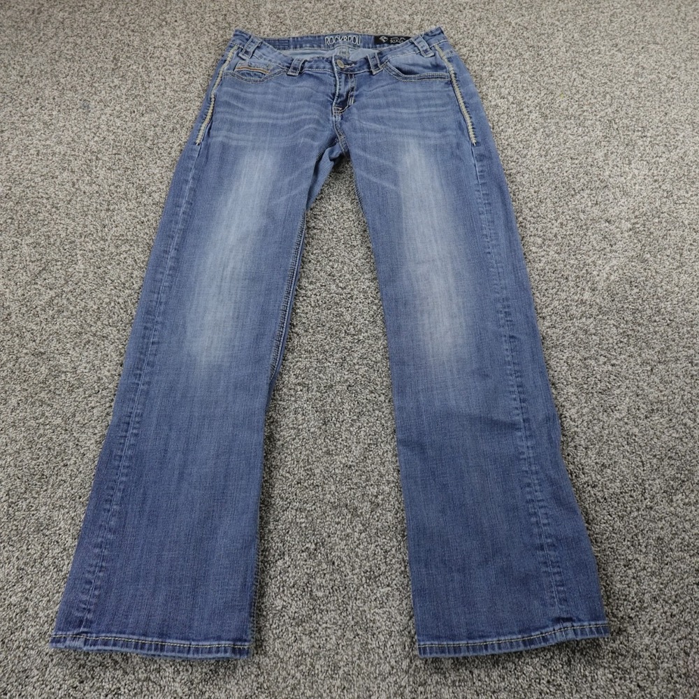 Rock Roll Cowgirl Jeans Womens 32 Dark Blue Denim Low Rise Bootcut Rodeo Stretch